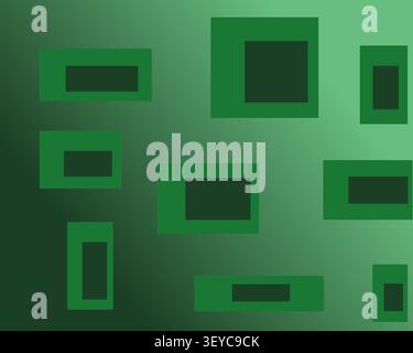 Conception géométrique abstraite de rectangles et de carrés imbriqués dans différentes nuances de vert sur un fond dégradé doux, évoquant une carte de circuit imprimé. Banque D'Images