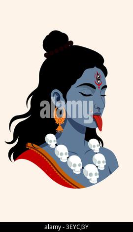 Déesse Kali illustration de visage latéral avec guirlande de crâne et éléments traditionnels Illustration de Vecteur