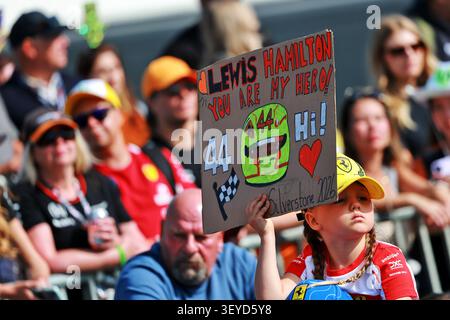 Silverstone, UK. 03rd July, 2026. Circuit atmosphere - young Lewis Hamilton (GBR) Scuderia Ferrari fan. 03.07.2026. Formula 1 World Championship, Rd 9, British Grand Prix, Silverstone, England, Sprint Qualifying Day. Photo credit should read: XPB/Alamy Live News. Banque D'Images