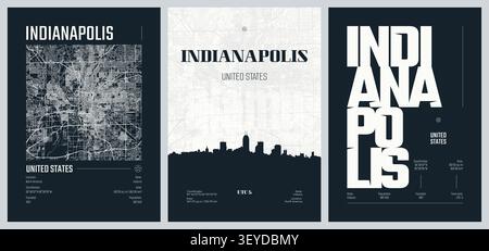 Plan de rue urbain détaillé carte de la ville Indianapolis la capitale et la ville la plus peuplée de l'état américain de l'Indiana, ensemble vectoriel d'affiches de voyage, Silhouet Illustration de Vecteur