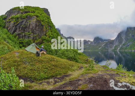 Camping sauvage avec une tente verte sur une colline herbeuse surplombant un fjord calme et des montagnes brumeuses dans les îles Lofoten pendant l'été, Norvège. Banque D'Images
