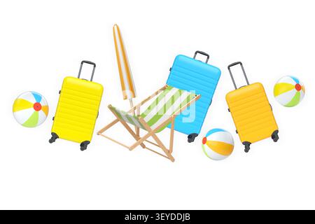 Ensemble de valises, parasol rayé, chaise de plage et balles de plage isolé sur fond blanc. Concept de plaisir de vacances d'été. Banque D'Images