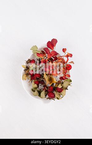Fond élégant d'automne avec des baies rouges séchées et des feuilles rose hanche dans un bol à feuilles sur un panneau de bois blanc léger doux, vue de dessus, verticale. Banque D'Images