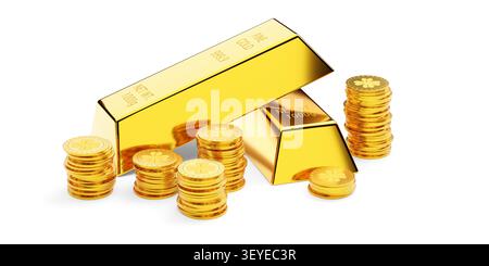 Plusieurs piles de pièces d'argent en or et deux lingots d'or empilés, lingots ou lingots sur fond blanc, richesse, épargne ou concept de finance, 3D illust Banque D'Images