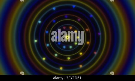 Les formes de coeur lumineuses disposées en cercles concentriques créent un design vibrant. Les couleurs se fondent dans un arrière-plan éclatant, formant un di graphique attrayant Banque D'Images