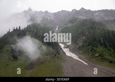 3 juillet 2026, Baltal Sonamarg, Jammu-et-Cachemire, Inde : une vue générale des montagnes avec des taches de neige clairsemées à Baltal, à environ 100 km (62 miles) à l'est de Srinagar, Cachemire administré par l'Inde. Les glaciers du Cachemire se rétrécissent à un rythme alarmant, des études indiquant que beaucoup ont perdu entre 25 et 30 pour cent de leur glace au cours des dernières décennies alors que le réchauffement climatique entraîne la hausse des températures dans l'Himalaya. Le glacier Thajiwas à Sonamarg, l'une des attractions touristiques les plus connues du Cachemire, est l'un des plus gravement touchés. Une étude récente menée par des chercheurs de l'Université de Kash Banque D'Images
