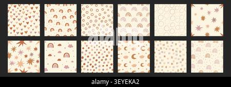Ensemble de motifs sans couture Bohemian Baby. Design abstrait en terre cuite et beige avec soleils, arcs-en-ciel, coeurs, étoiles, arcs, points et tirets. Textile de pépinière mignon, tissu, impression vectorielle de papier peint. Illustration de Vecteur