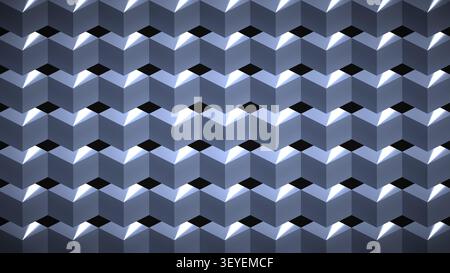 Motif répétitif de cubes tridimensionnels disposés en grille. La structure présente des reflets contrastés de lumière et d'ombre, créant de la profondeur et Banque D'Images