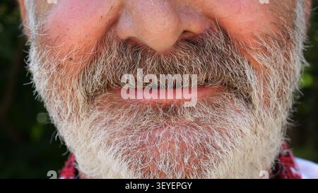 Fermez la bouche sans dents d'un homme barbu plus âgé souriant à la caméra. Son expression ouverte et gentille, montrant la chaleur et la simplicité de l'émotion authentique Banque D'Images