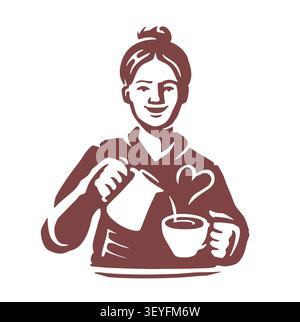 Barista femelle souriante versant du café dans la tasse, icône de mascotte Illustration de Vecteur