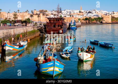 Bateau de pêche revenant d'une prise, Rabat, Maroc, Afrique du Nord Banque D'Images
