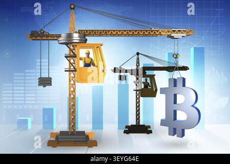 Levage par grue de construction concept cryptocurrency en bitcoin Banque D'Images