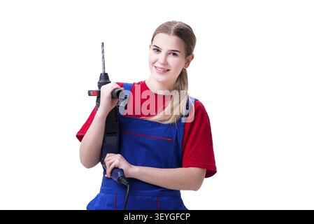 Jeune femme avec perceuse électrique isolated on white Banque D'Images