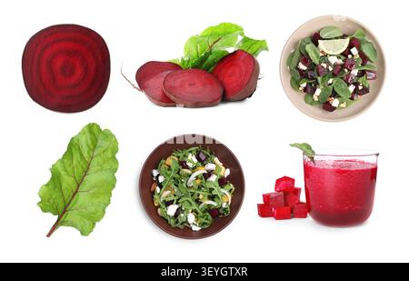 Betterave, jus de légumes frais et salades savoureuses isolées sur blanc, serties Banque D'Images