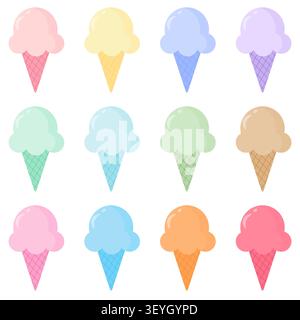 Un ensemble de 12 cônes de crème glacée pastel colorés avec des cônes gaufrés croustillants. Parfait pour les créations estivales, les autocollants et les menus de boutique de bonbons. Illustration vectorielle plate Illustration de Vecteur