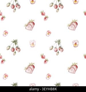 Motif de répétition sans couture de fraises et violettes. Fond floral aquarelle avec des baies d'été naturelles. Parfait pour tissu, affiches, journa Banque D'Images