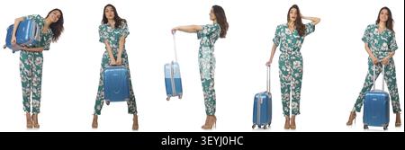 Femme avec suitacases la préparation pour les vacances d'été Banque D'Images