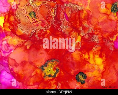 Peinture expressionniste avec des coquelicots floraux vibrants aux textures riches en rouge cramoisi, orange et or Art floral élégant Banque D'Images