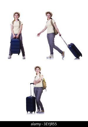 Femme avec suitacases la préparation pour les vacances d'été Banque D'Images