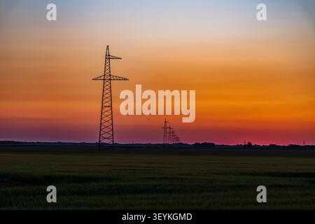Silhouettes de poteaux de transmission haute tension au coucher du soleil sur la campagne lituanienne, délivrant de l'électricité sous un ciel nocturne lumineux. Banque D'Images