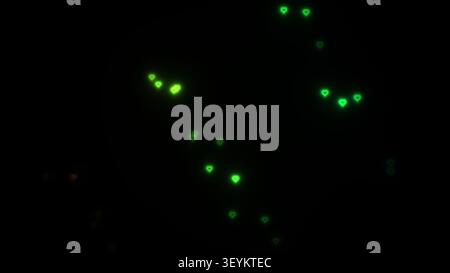Des points verts brillants apparaissent dispersés sur un fond sombre, créant un effet visuel saisissant. Les points varient en taille et en intensité, ce qui améliore le o Banque D'Images
