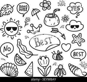 Doodles d'été avec bulles de discours et coquillages, cocktail et fleurs. Botanical Line Art, Cute Beach Elements, Tropical fruit et labels. Vecteur illus Illustration de Vecteur