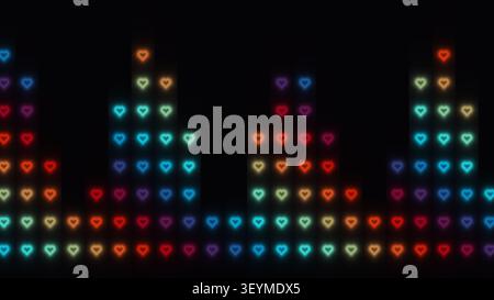 Formes de coeur lumineuses disposées en colonnes verticales sur un fond noir. Les différentes couleurs créent un affichage vibrant et vivant adapté au vario Banque D'Images