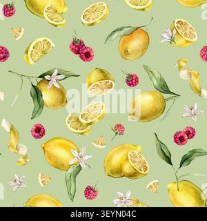 Modèle sans couture avec illustration aquarelle de tranche et de citron entier, écorce ou zeste citron et framboise. Répéter l'ornement peint à la main citron avec Banque D'Images