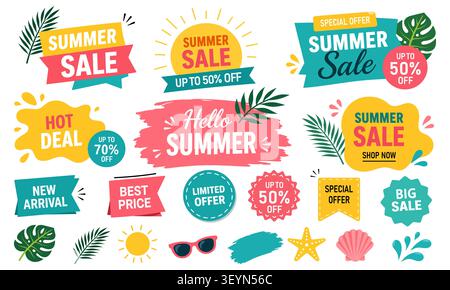 Étiquettes de soldes d'été Set badges de réduction, autocollants promo et étiquettes d'offre spéciale vecteur. Illustration de Vecteur