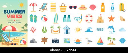 Collection Summer Vibes d'équipements et d'accessoires Beach Elements. Illustration de Vecteur