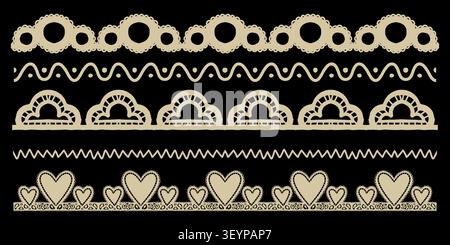 Bord de cadre en dentelle pour bordure festonnée coeur et carré de cercle de garniture. Motif antique ovale pour dentelle de brosse ondulée et volants décoratifs dessinés. Dentelle à rayures rouges Illustration de Vecteur