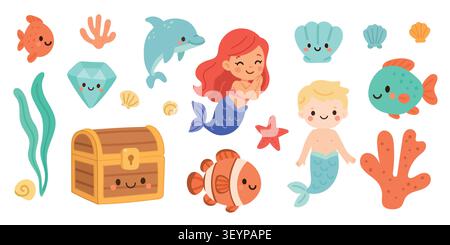 Dessin animé de la mer de vecteur avec illustration mignonne pour les poissons de l'océan sous l'eau. Concevoir l'eau isolée avec le fond de bébé vecteur pour corail marin d'été Illustration de Vecteur