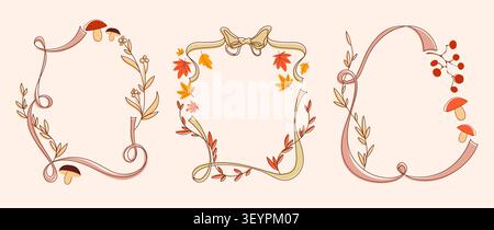 Cadres de couronne d'automne avec des feuilles jaunes, champignons isolés sur fond. Ensemble vectoriel de bordure de ruban doodle avec arc, décoration d'automne pour affiche à thème, conception de récolte fantaisiste de Thanksgiving Illustration de Vecteur