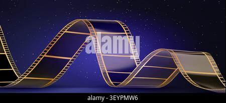Boucles de bande de film noir doré sur fond bleu. conception de bobine de cinéma dynamique vectorielle 3d réaliste pour affiche de film, bannière de festival. Design de cadre de bande de roulement Hollywood, ruban ondulé avec effet brillant Illustration de Vecteur