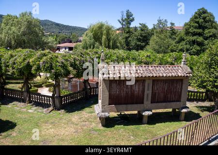 Grenier historique traditionnel horreo construit en pierre granit et bois à Allariz, Ourense, Galice, Espagne. Vue élevée en angle élevé de l'ancienne campagne Banque D'Images
