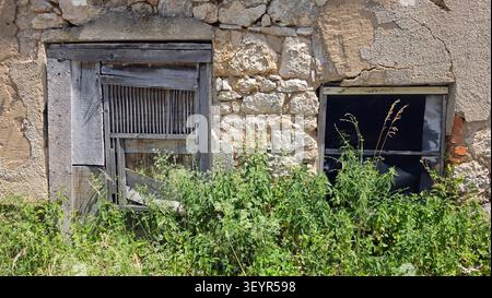 La façade inférieure d'une maison en pierre rustique abandonnée présente des planches de bois altérées et une végétation estivale dense Banque D'Images