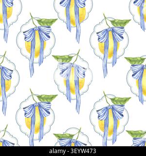 Motif aquarelle sans couture avec des citrons et des noeuds bleus. Illustration méditerranéenne peinte à la main pour tissu, papier peint, textiles de pépinière, linge de table, s. Banque D'Images