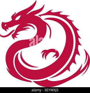 Illustration plate d'un dragon rouge recourbé avec une tête pointue à corps long et une queue balayée dans une composition circulaire Illustration de Vecteur