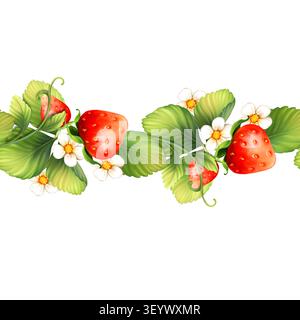 Fraise avec fleurs, baies sauvages, feuilles. Bordure décorative sans couture sur fond blanc. Banque D'Images