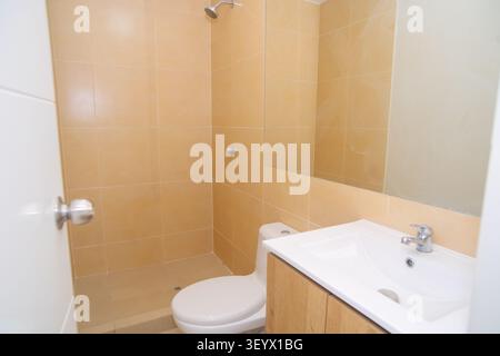 Intérieur de salle de bain minimaliste moderne avec toilettes blancs, lavabo en bois et espace douche carrelé Banque D'Images
