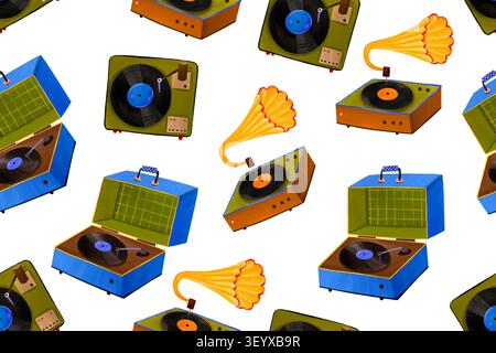 Modèle sans couture avec disques vinyles vintage et lecteurs de disques à valise rétro bleus pour fond de fête de la musique ou birda thématique nostalgique des années 90 Banque D'Images