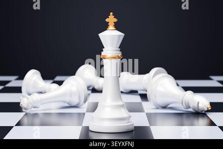 Roi des échecs blanc avec des pions. Concept de chef d'entreprise. Planification stratégique et concurrence. rendu 3d. illustration 3d. Banque D'Images