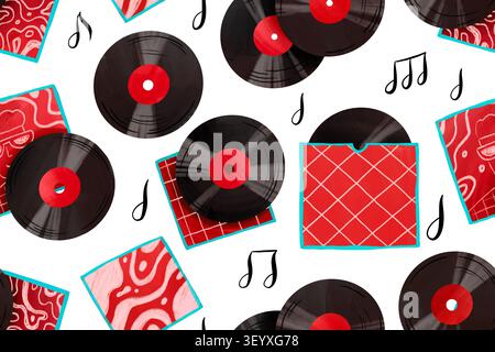 Fond musical sans couture dessiné à la main avec des disques vinyles rétro et des notes noires pour les invitations de célébration de la Journée mondiale de la musique des affiches de festival de jazz et Banque D'Images