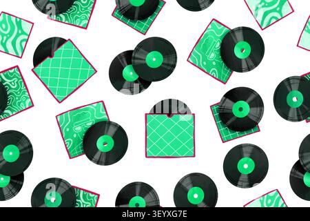 Musique rétro modèle transparent avec disques vinyles vert menthe et couvertures pour festival de rock alternatif marque les fêtes électroniques de jeunesse moderne et créat Banque D'Images