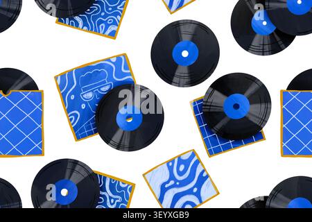 Modèle sans couture avec disques vinyles rétro et couvertures bleues mettant en vedette un gars cool dans des lunettes de soleil pour les fêtes d'anniversaire à thème des années 80 fête des pères et nostalgique n Banque D'Images