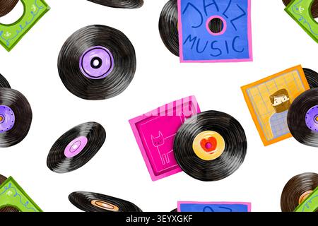 Modèle sans couture de disques vinyles vintage et pochettes d'album rétro. Idéal pour le papier d'emballage de fête rétro, emballage cadeau pour les amateurs de musique, design textile, o Banque D'Images