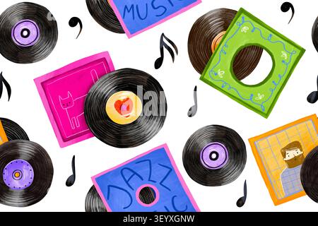 Motif transparent de musique coloré avec des disques vinyles et des notes. Parfait pour le décor de fête de danse, les textiles de festival rétro, le papier d'emballage, ou vous vibrant Banque D'Images