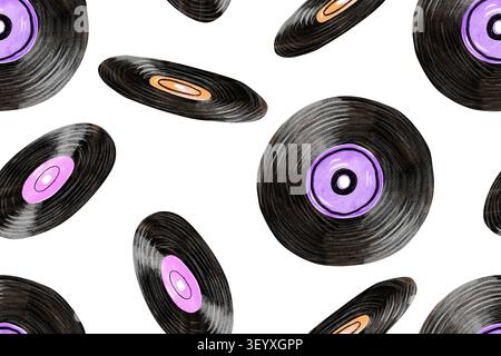 Fond transparent avec des disques vinyles violets dans différents angles. Idéal pour les fonds d'écran de fête disco, les flyers de nuit de club, le décor rétro d'événement de danse, ou le tré Banque D'Images