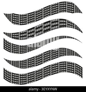 Drapeau de ruban à carreaux ondulé avec ensemble de vecteur noir. Cette grille de courbes géométriques visualise des lignes abstraites d'illusion optique. spe 10 Illustration de Vecteur