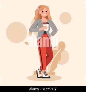 Jeune femme buvant du café décontracté style de vie tenue moderne détendue pose abstraite fond tendance bannière de site Web de couleurs Illustration de Vecteur